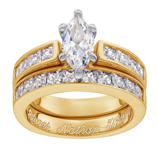 14K Gold over Sterling Marquise CZ 2-Piece Engraved Wedding Ring Set