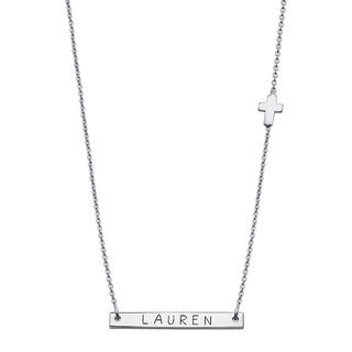 Sterling Silver Mini Bar Name with Cross Necklace