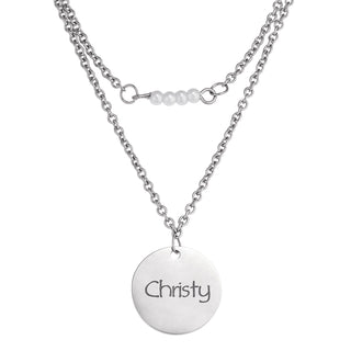 Stainless Steel Pearls and Engravable Disc Layered Necklace