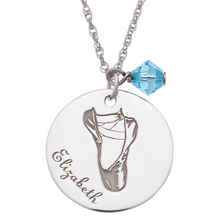Sterling Silver Ballet Slippers Engravable Name and Birthstone Pendant