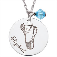 Sterling Silver Ballet Slippers Engravable Name and Birthstone Pendant