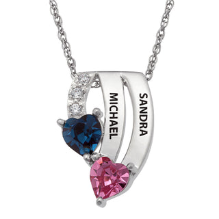 Sterling Silver Couples Cascading Name & Birthstone Hearts Pendant