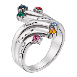 Sterling Silver Personalized Cascading Name & Birthstone Ring