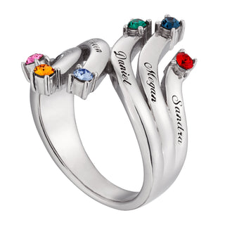 Sterling Silver Personalized Cascading Name & Birthstone Ring