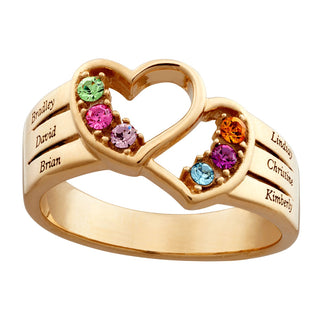 14K Gold over Sterling Personalized Name & Birthstone Double Heart Ring