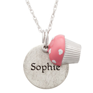 Sterling Silver Name Disc with Cupcake Charm Necklace