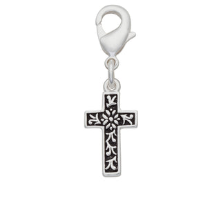 Silver Plated Etched Cross With Black Enamel Detail Charm