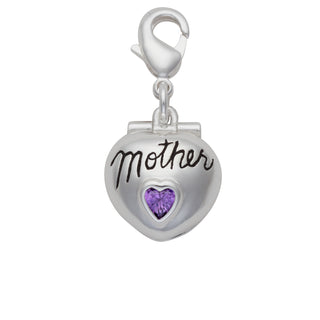 Silver Plated "Mother-With Love" Hinged Heart Purple Crystal Charm