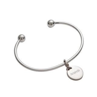 Silver Plated Engraved Round Charm with Removeable Bead Cuff Bracelet - Fits Most Sizes
