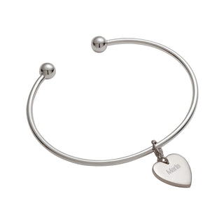 Silver Plated Engraved Heart Charm with Plus Size Removeable Bead Cuff Bracelet