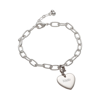 Silver Plated Engraved Heart Charm with Oval Link Bracelet