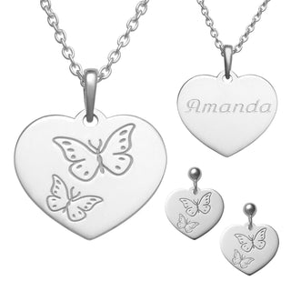 Sterling Silver Butterfly Engraved Name Heart Pendant and Earrings Set