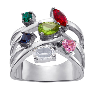 Sterling Silver Family Multi-Shape Birthstone Crossover Ring