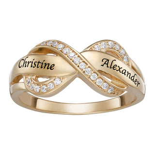 14K Gold over Sterling Couples Engraved Name Infinity CZ Ring