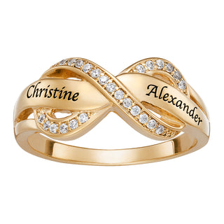 14K Gold over Sterling Couples Engraved Name Infinity CZ Ring