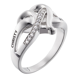 Sterling Silver Couples Engraved Name Heart CZ Ring