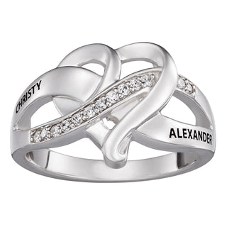 Sterling Silver Couples Engraved Name Heart CZ Ring