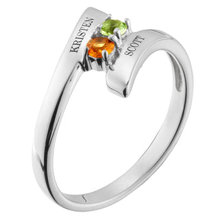 Sterling Silver Couple's Engraved Birthstone Bypass Ring