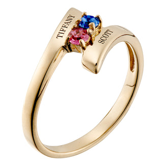 14K Gold over Sterling Couple's Engraved Birthstone Bypass Ring