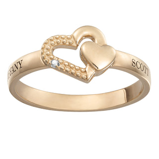 14K Gold over Sterling Couple's Engraved Double Heart Diamond Accent Ring