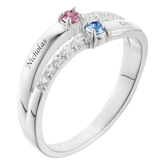 Sterling Silver Couple's Engraved Birthstone and CZ Wave Ring