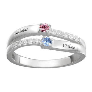 Sterling Silver Couple's Engraved Birthstone and CZ Wave Ring