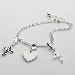 Silver Plated Charm Engraved Heart with Filigree Crosses Bracelet