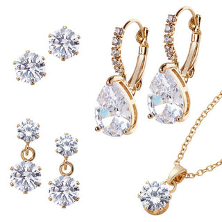 3 Pair CZ Earring Trio Set with Free Necklace - Pierced