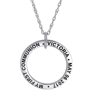 Sterling Silver "My First Communion" Engraved Name Circle Disc Pendant