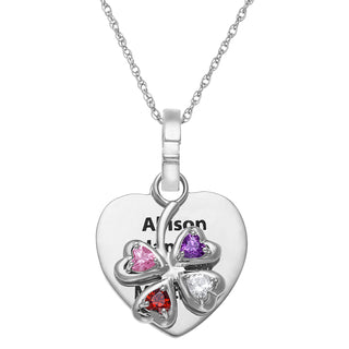 Sterling Silver Engraved Heart with Birthstone 4-Leaf Clover Necklace