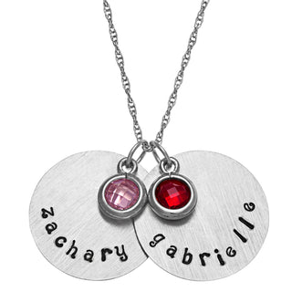 Sterling Silver Brushed Engraved Name and Birthstone 2 Disc Pendant