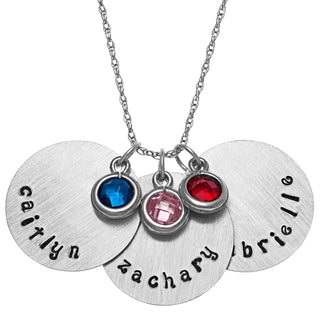 Sterling Silver Brushed Engraved Name and Birthstone 3 Disc Pendant