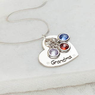 Sterling Silver Engraved Heart with Birthstones Pendant