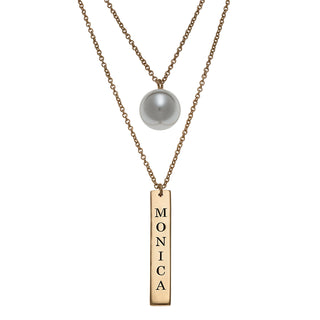 14K Gold over Sterling Engraved Bar and Pearl Layered Necklace