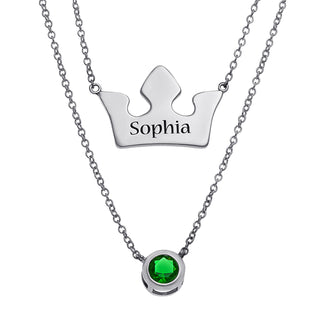 Sterling Silver Engraved Crown and Birthstone Layered Necklace