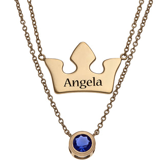14K Gold over Sterling Engraved Crown and Birthstone Layered Necklace