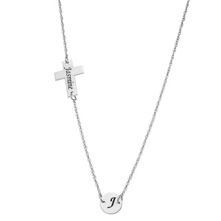 Sterling Silver Engraved Cross and Disc Necklace