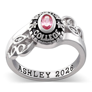 Sterling Silver Traditional Oval Stone and Diamond Swirl Ladies Class Ring