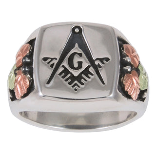 Sterling Silver BHG Oxidized Masonic Men's Ring with 12K Leaves