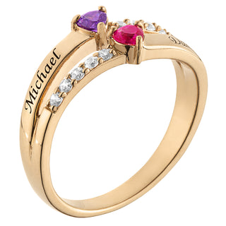 14K Gold over Sterling Couple's Engraved Heart Birthstone and CZ Ring