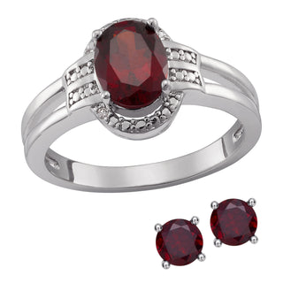 Genuine Garnet and Diamond Accent Ring with Earrings
