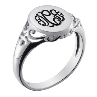 Sterling Silver Engraved Monogram Oval Filigree Signet Ring