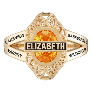 14K Gold over Sterling Bridged Birthstone Class Ring with Filigree Hidden Year