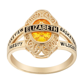 14K Gold over Sterling Bridged Birthstone Class Ring with Filigree Hidden Year