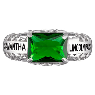 Sterling Silver Emerald-cut Birthstone Class Ring With Filigree Hidden Year