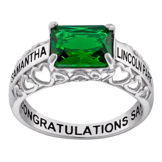 Sterling Silver Emerald-cut Birthstone Class Ring With Filigree Hidden Year