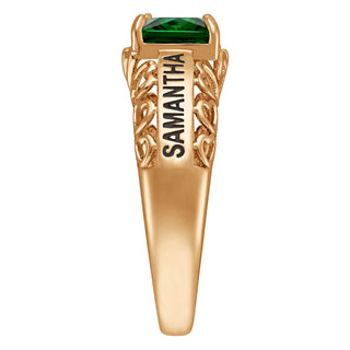 14K Gold over Sterling Emerald-cut Birthstone Class Ring with Filigree Hidden Year