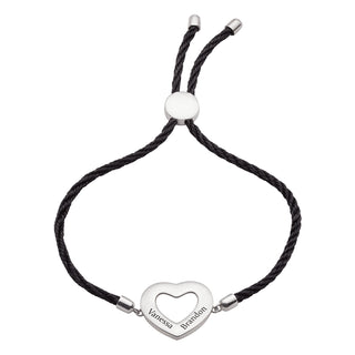 Sterling Silver Couples Engraved Names Heart Cord Adjustable Bracelet
