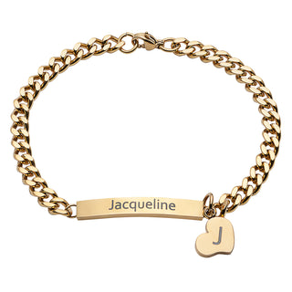Stainless Steel Engraved Name and Initial Gold Bracelet with Dangling Heart