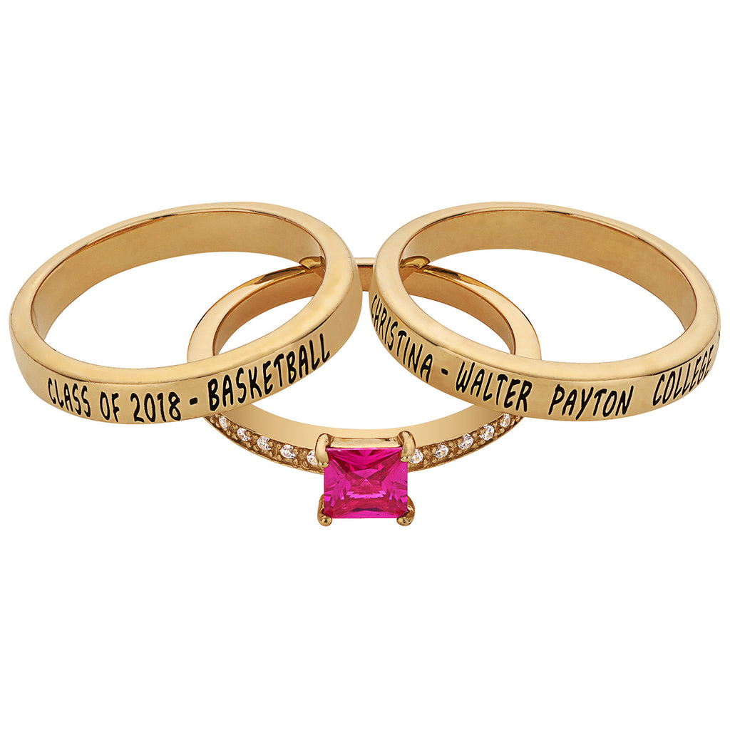 14K Gold over Sterling Stackable Class Ring with Square Birthstone Ban ...